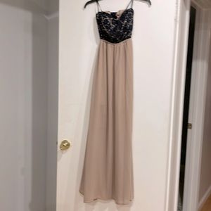 Tan long dress blue lace on top